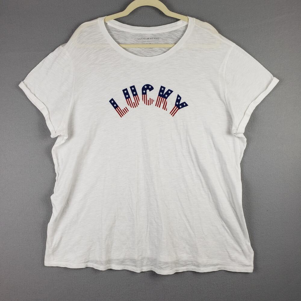 Lucky Brand Size 2X Americana Logo White Tee Shirt Stars Stripes Patriotic‎ USA